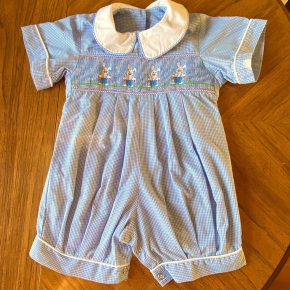 Remember Nguyen Other - Smocked Bunny Romper Blue & White Gingham